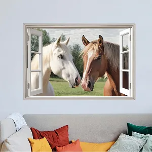 Настінна наклейка SUPERDANT Коні перед вікном Вінілова Велика кольорова - Фото 1