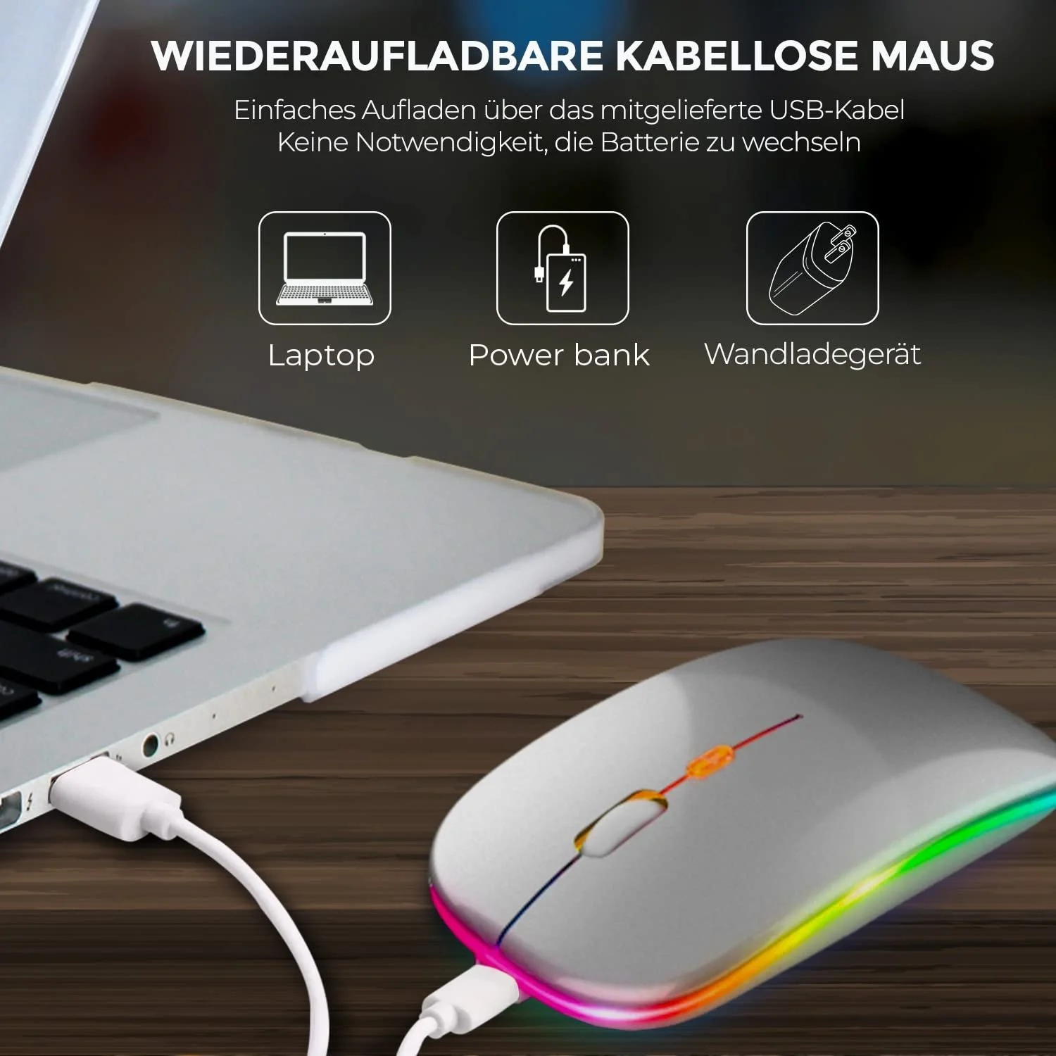 Мышь беспроводная GLOBAL TECH, LED, аккумуляторная, тихая, тонкая, USB 2.4G, серебристая, фото №3