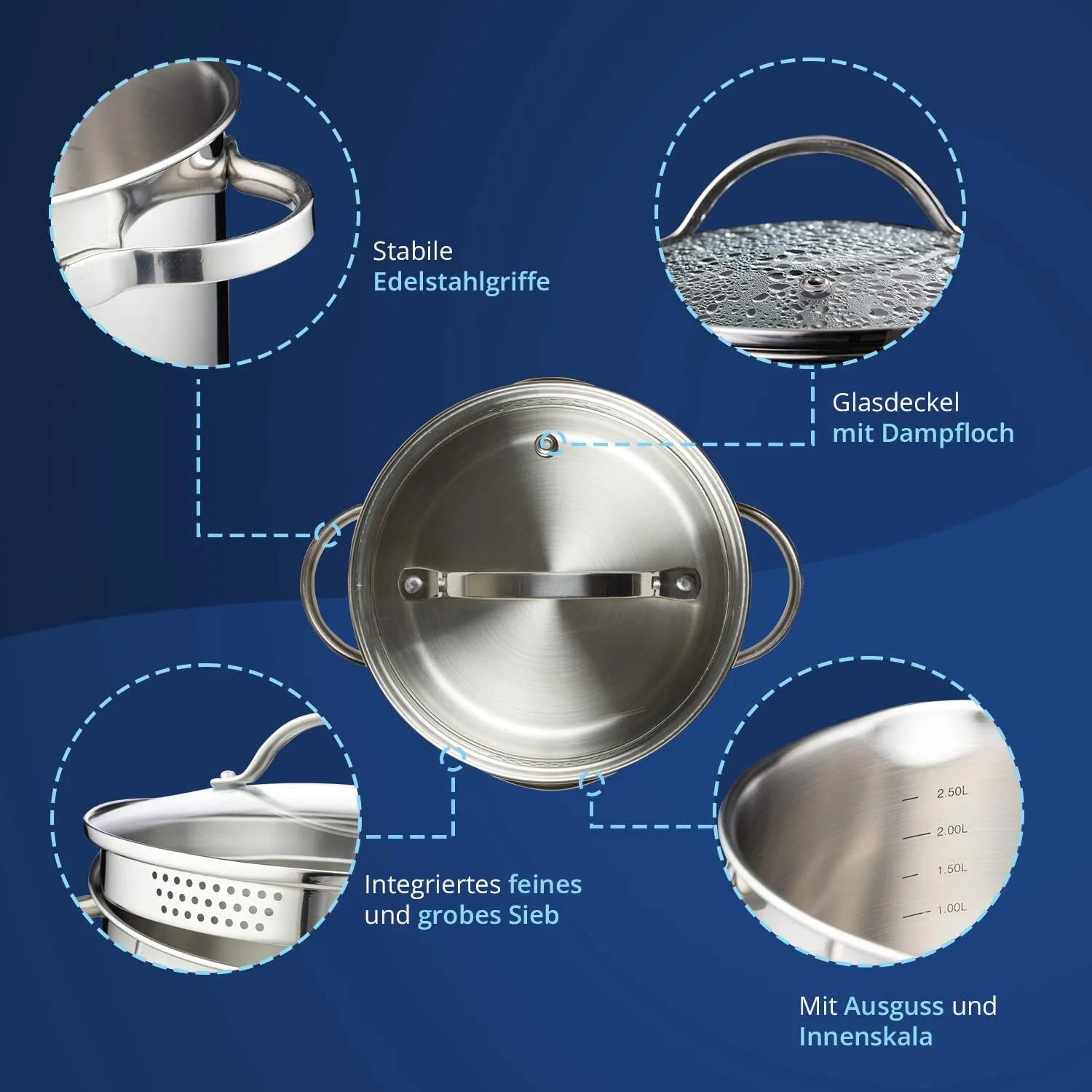 Каструля KHG XXL 26 см, 10 літрів, індукційна, без покриття, нержавіюча сталь з скляною кришкою, висока, фото №6