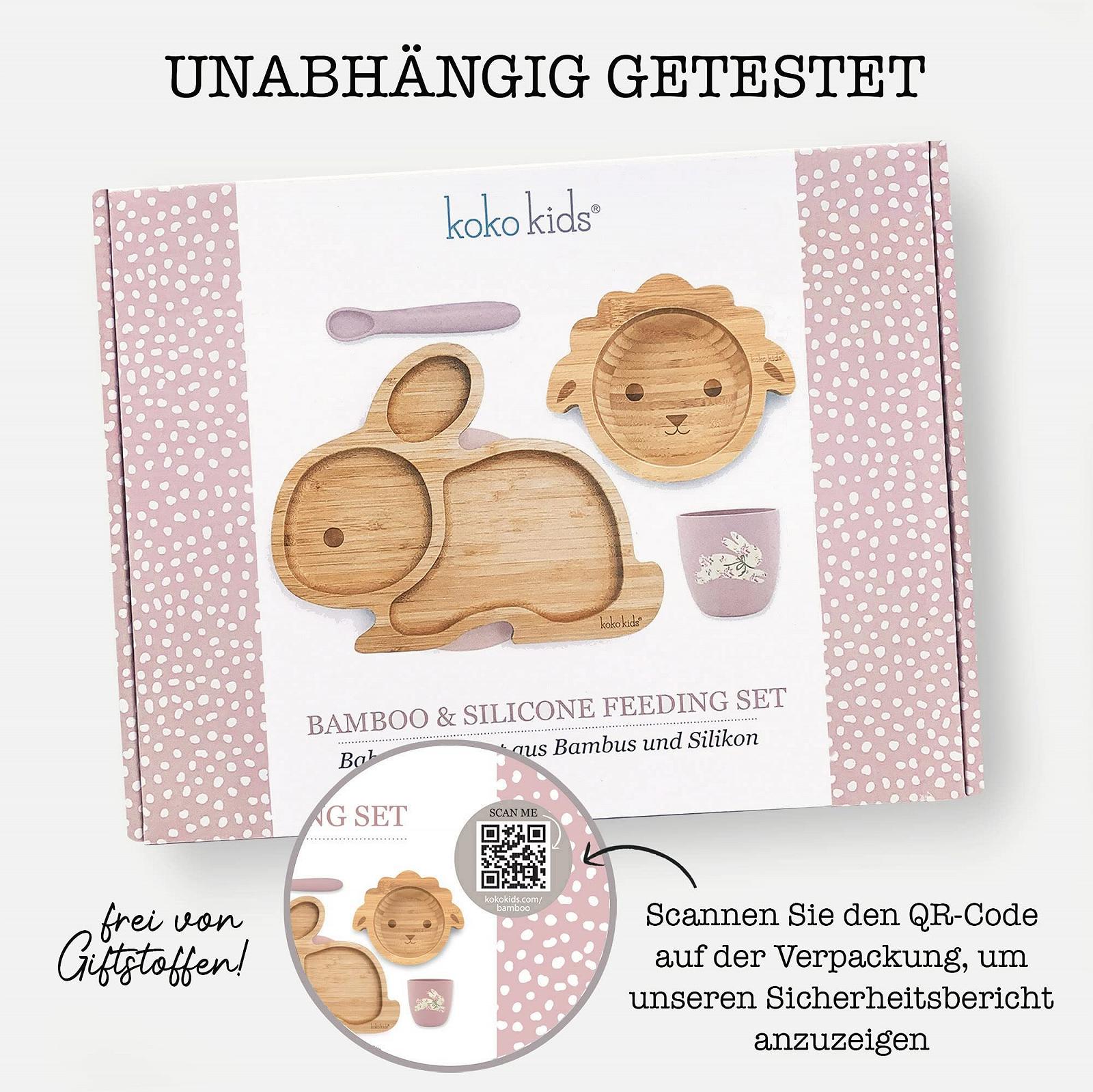 Набор детской посуды Koko Kids® из бамбука и силикона: Тарелка на присоске Кролик, Миска на присоске Ягненок, Силиконовая чашка и ложка (Розовый), фото №7 Набор детской посуды Koko Kids® из бамбука и силикона: Тарелка на присоске Кролик, Миска на присоске Ягненок, Силиконовая чашка и ложка (Розовый), фото №7