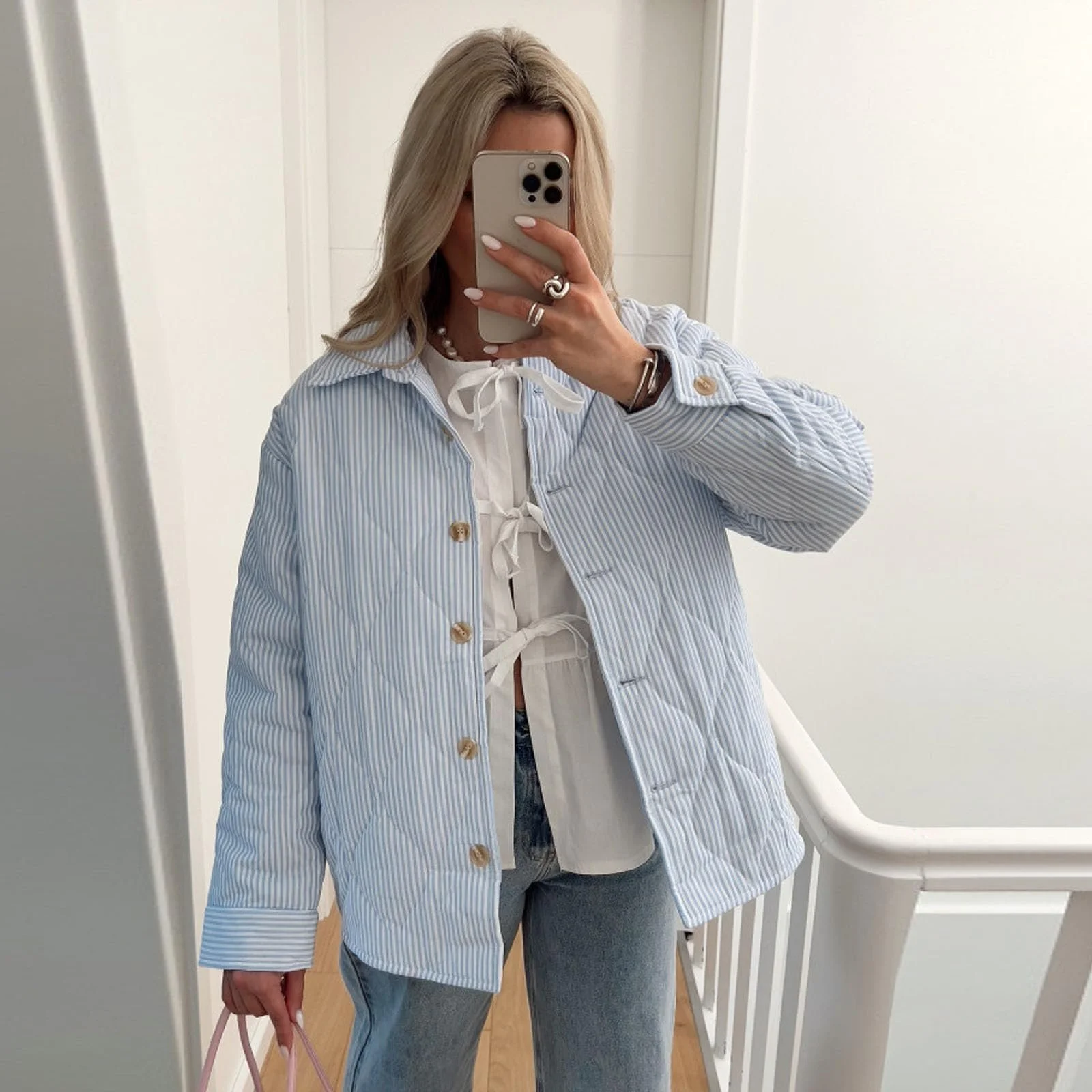 Куртка HKYFNNBW зимняя стеганая с воротником, на пуговицах, полосатая, фото №2