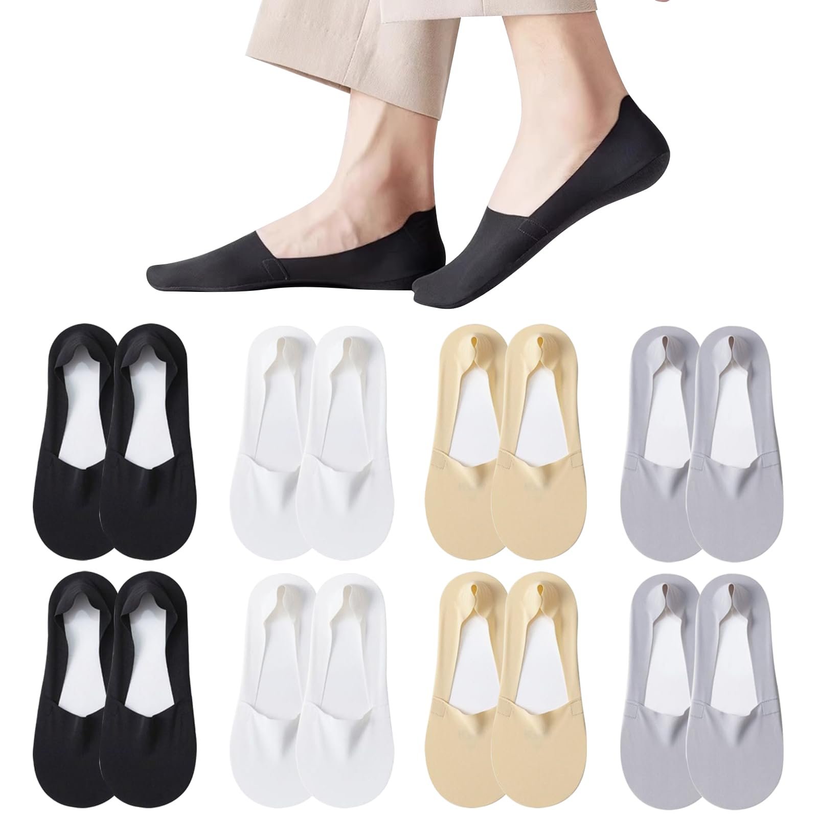 Женские носки-балетки, 8 пар, Невидимые носки, Нескользящие носки с силиконовой подушечкой, 36-41, разноцветные, One size fits all, фото №1