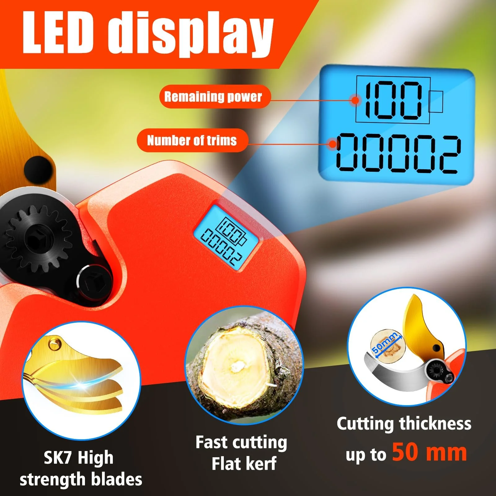 Електричний Секатор 40 мм, Лезо SK7, 2 x 2Ah Літієві Акумулятори 21 V, З Коробкою для Зберігання, фото №3