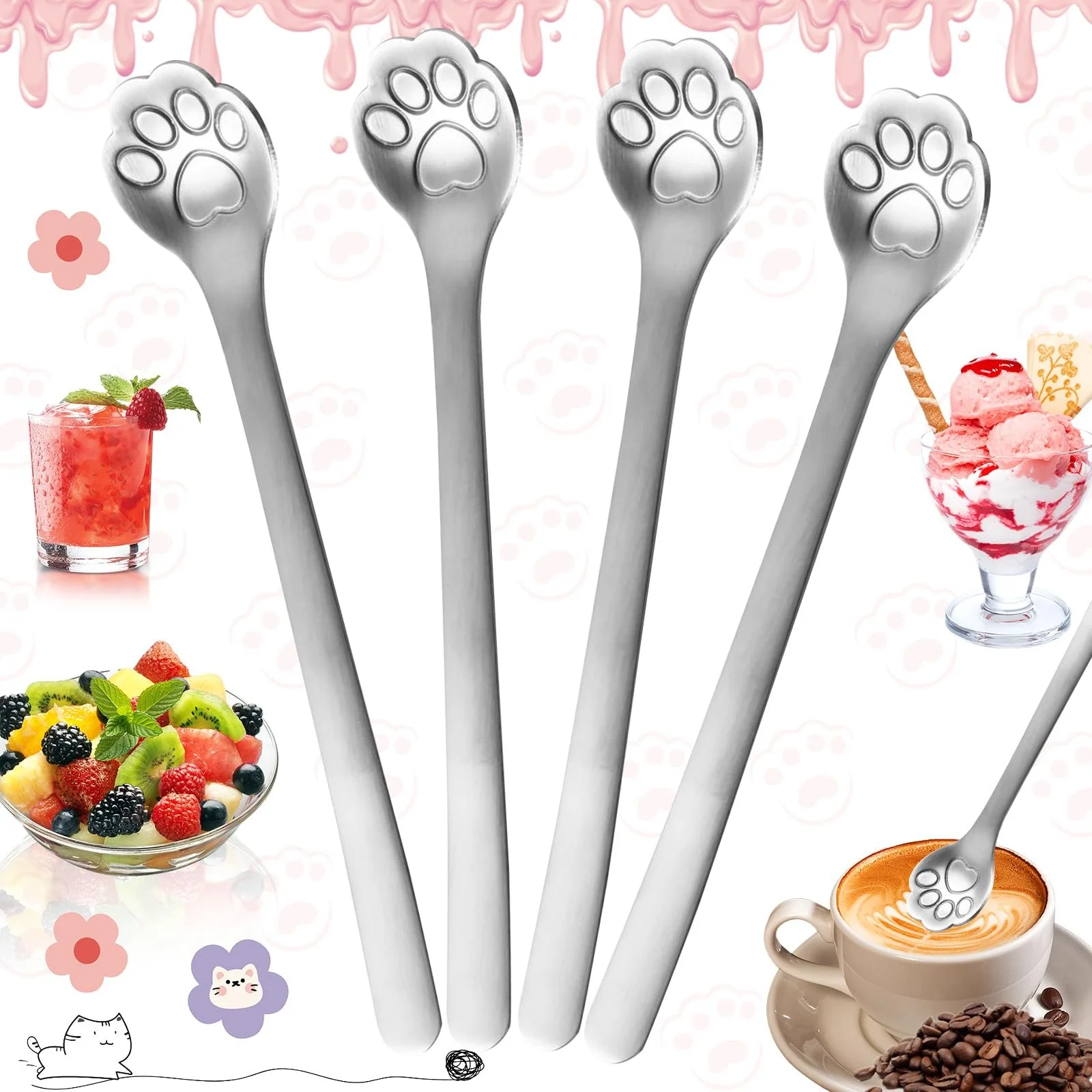 Набір з 4 ложок для морозива Cat Paw Spoon, мультяшна чайна, фото №1