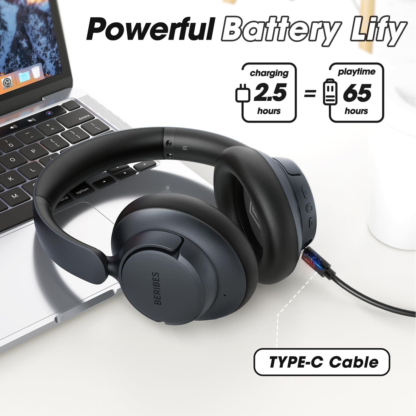 Наушники BERIBES Bluetooth Over-Ear Активное шумоподавление Прозрачные режимы 70 часов воспроизведения в режиме ANC Hi-Res Audio Глубокий бас Быстрая зарядка 3.5 мм кабель, фото №5