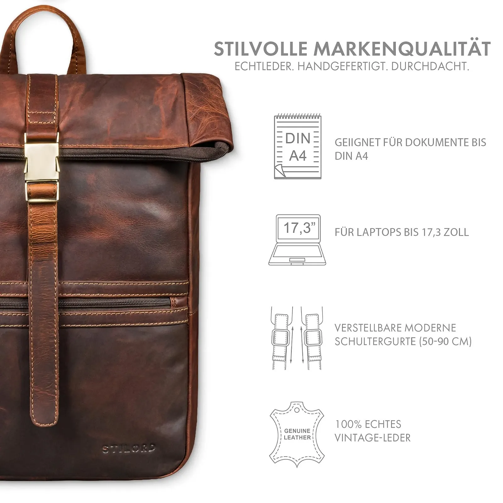 Рюкзак Rolltop STILORD Cairo Vintage Кожаный 14-17.3 дюйма Коньячно-коричневый, фото №3