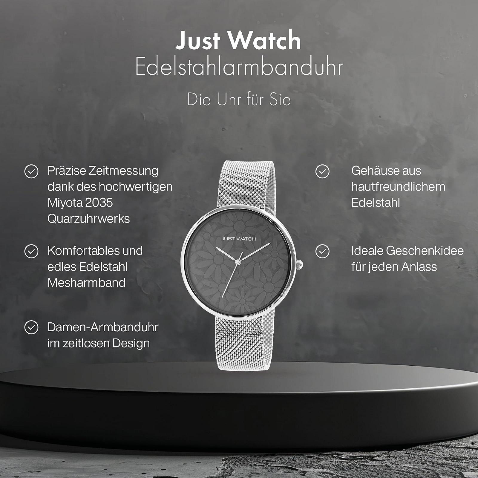 Женские часы JUST WATCH Floriane JW10182 Аналоговый Кварц Стальной Сетчатый Ремешок Цветы, фото №2