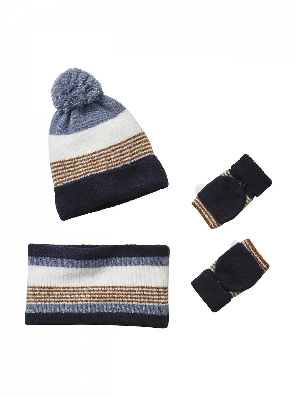 Вязаный комплект для мальчиков Vertbaudet: Шапка, Круглый шарф и Перчатки, Полоски, фото №1 Вязаный комплект для мальчиков Vertbaudet: Шапка, Круглый шарф и Перчатки, Полоски, фото №1