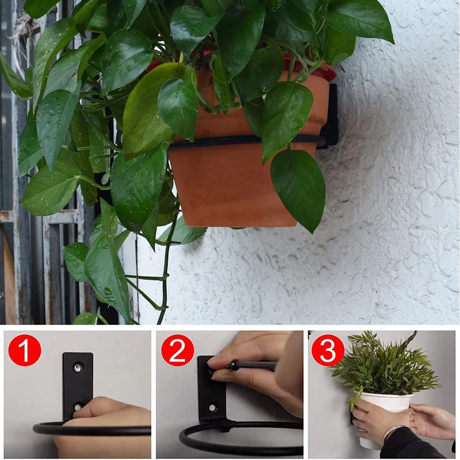 Держатель для цветочных горшков набор 2 шт. настенный кольцевой 10 см (4 дюйма) металлический Черный, фото №3