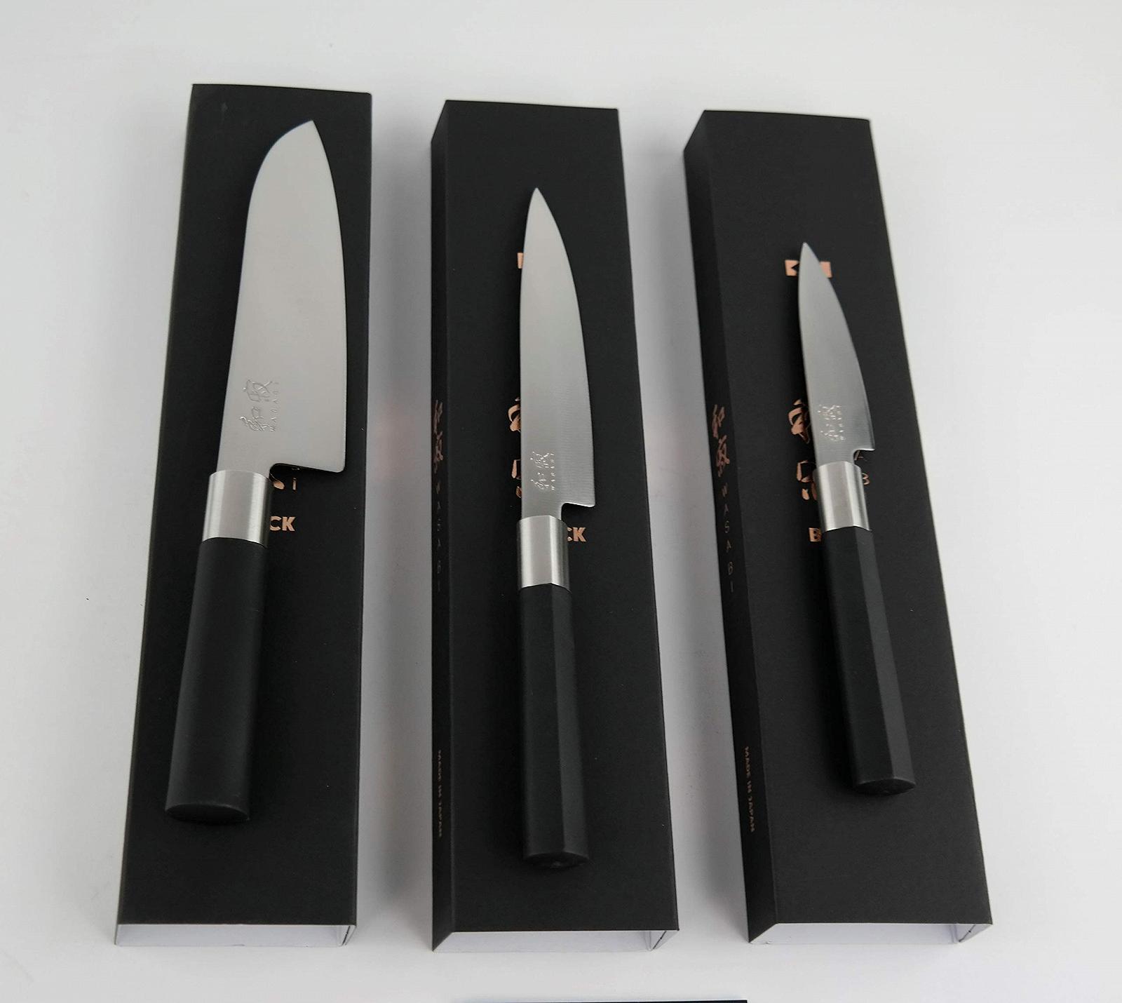 Набір ножів Santoku Kai Wasabi Black 16.5 см, Ніж для офісу 10 см, Універсальний ніж 15 см + Дубова дошка з бочкового дерева 25 x 15 см, фото №4