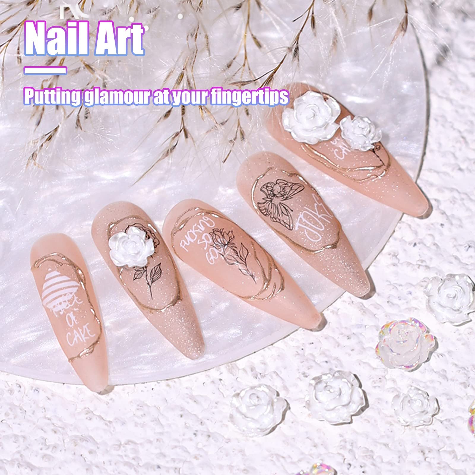 Подвески для ногтей Цветок, 1 коробка, 6 отделений, 3D цветы для ногтей с белым жемчугом и золотыми икринками, стразы для ногтей, ювелирные изделия для ногтей для женщин, девушек, DIY дизайн ногтей, фото №4