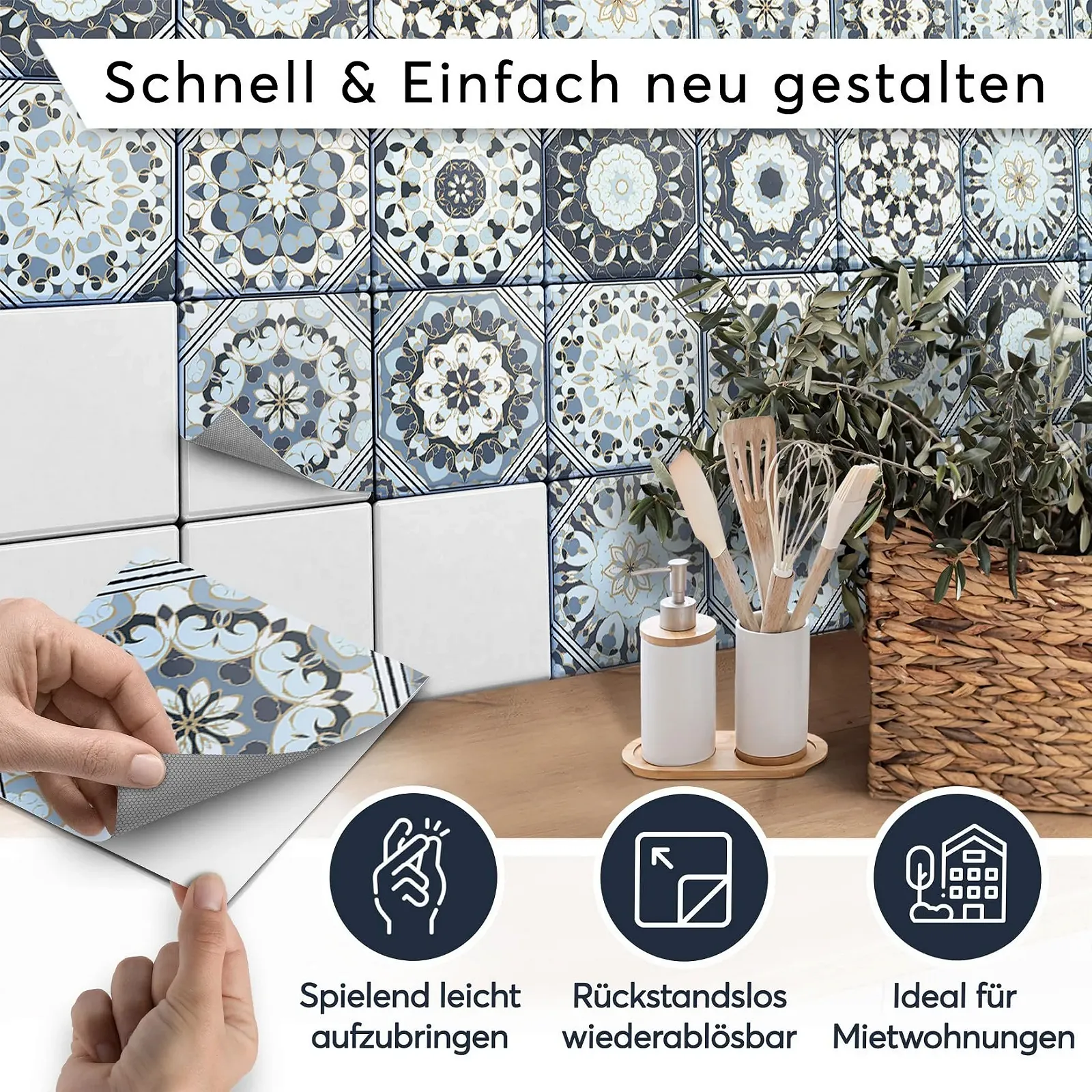 Наклейки на плитку Плівка для ванної та кухні Бірюзові орнаменти 9 шт. 10 x 10 см 54 елементи, фото №2