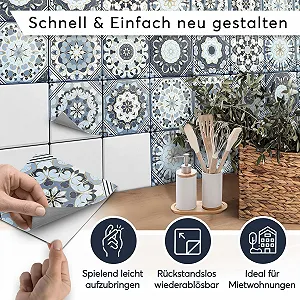 Наклейки на плитку Плівка для ванної та кухні Бірюзові орнаменти 9 шт. 10 x 10 см 54 елементи synthetic.ua - Фото 1