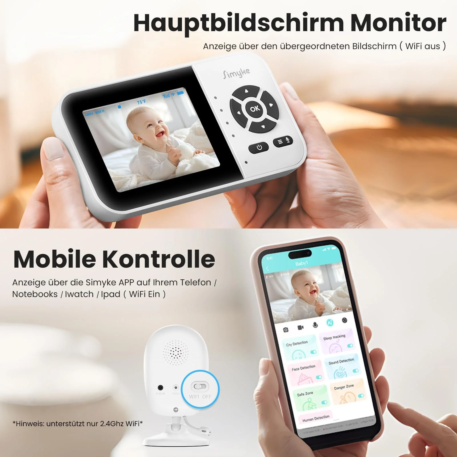 Видеоняня Simyke Smart BabyMonitor 1080p 2 камеры WiFi 2.4 GHz 300 м датчик температуры 2500 мАч, фото №3 Видеоняня Simyke Smart BabyMonitor 1080p 2 камеры WiFi 2.4 GHz 300 м датчик температуры 2500 мАч, фото №3