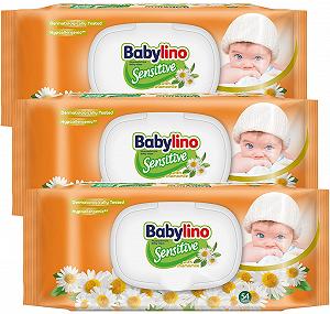 Дитячі серветки Babylino Sensitive з ніжним ароматом ромашки, 98% натуральна формула, що відновлює рівень pH шкіри, 3 упаковки зі свіжою кришкою, 162 серветки - Фото 1