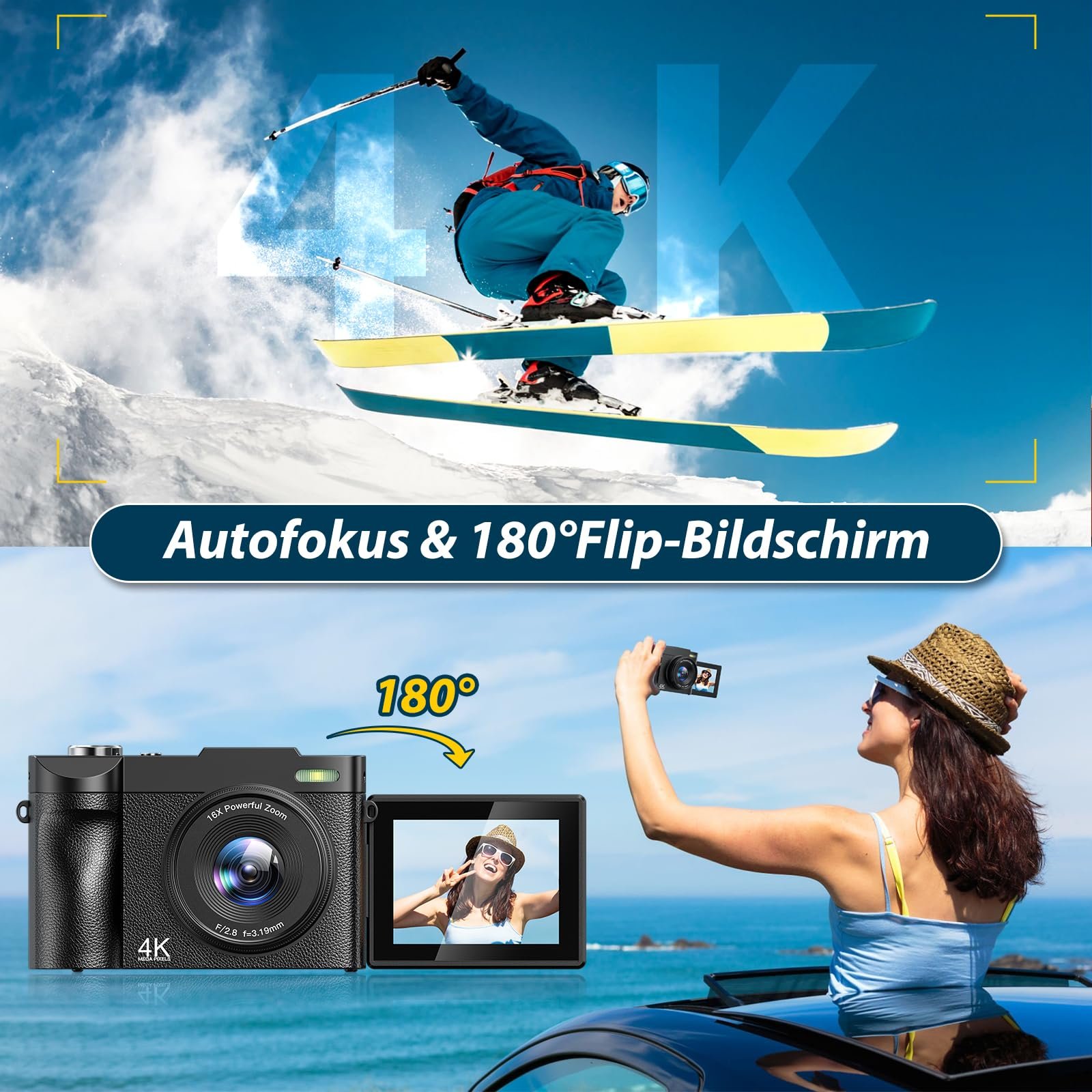 Цифровая камера 4K 50MP, автофокус, 16-кратный цифровой зум, 2,8-дюймовый экран, вращающийся на 180
		
		градусов, компактная камера для селфи с картой 32GB, фото №6