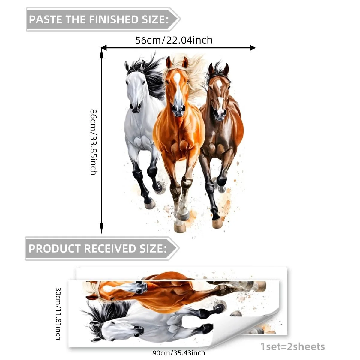 Наклейка на стіну Running Horses Waterproof 90 x 30 см, Білий, коричневий, помаранчевий, фото №2