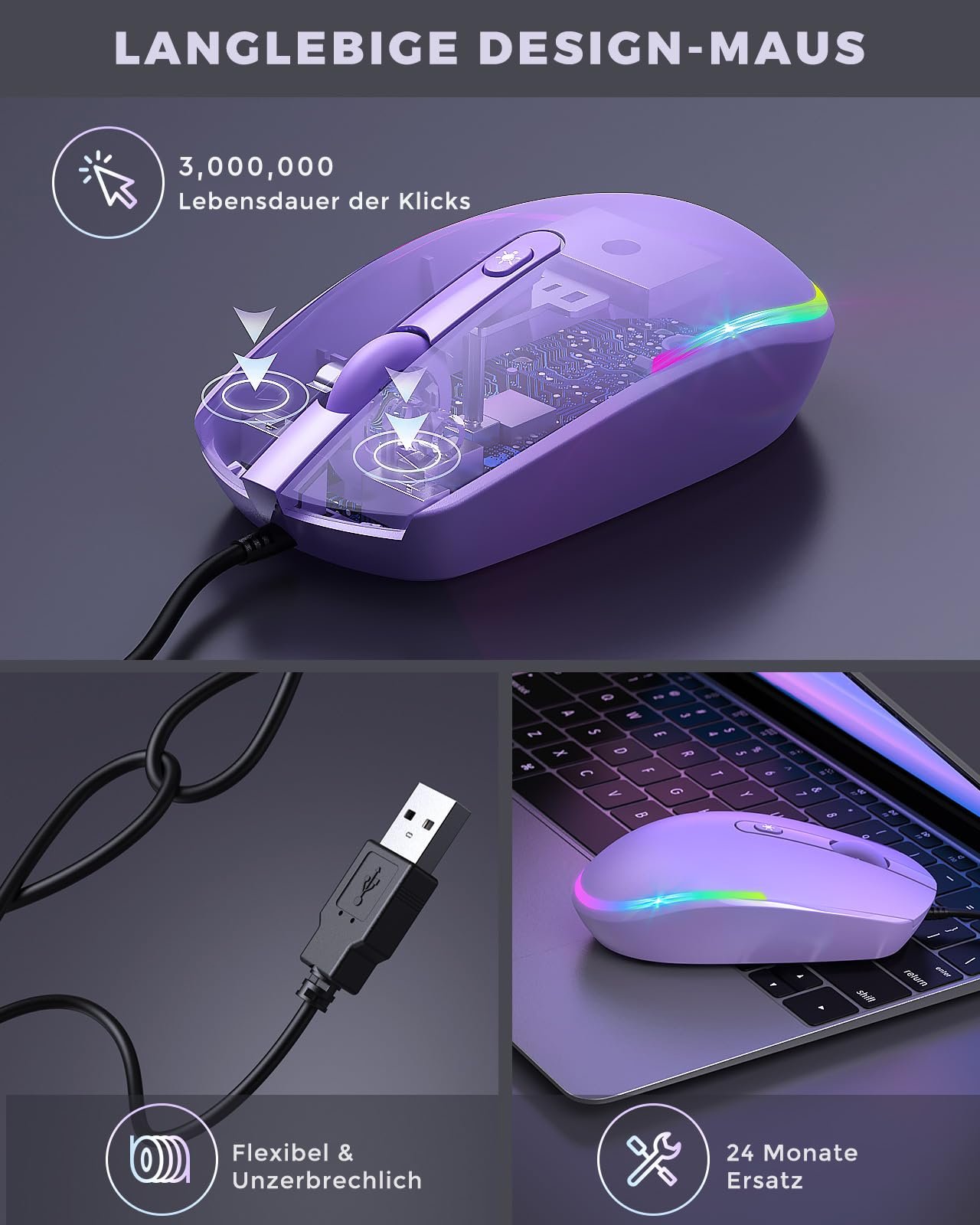 Дротовая мышь Seenda 1600 DPI USB, фиолетовая, фото №4