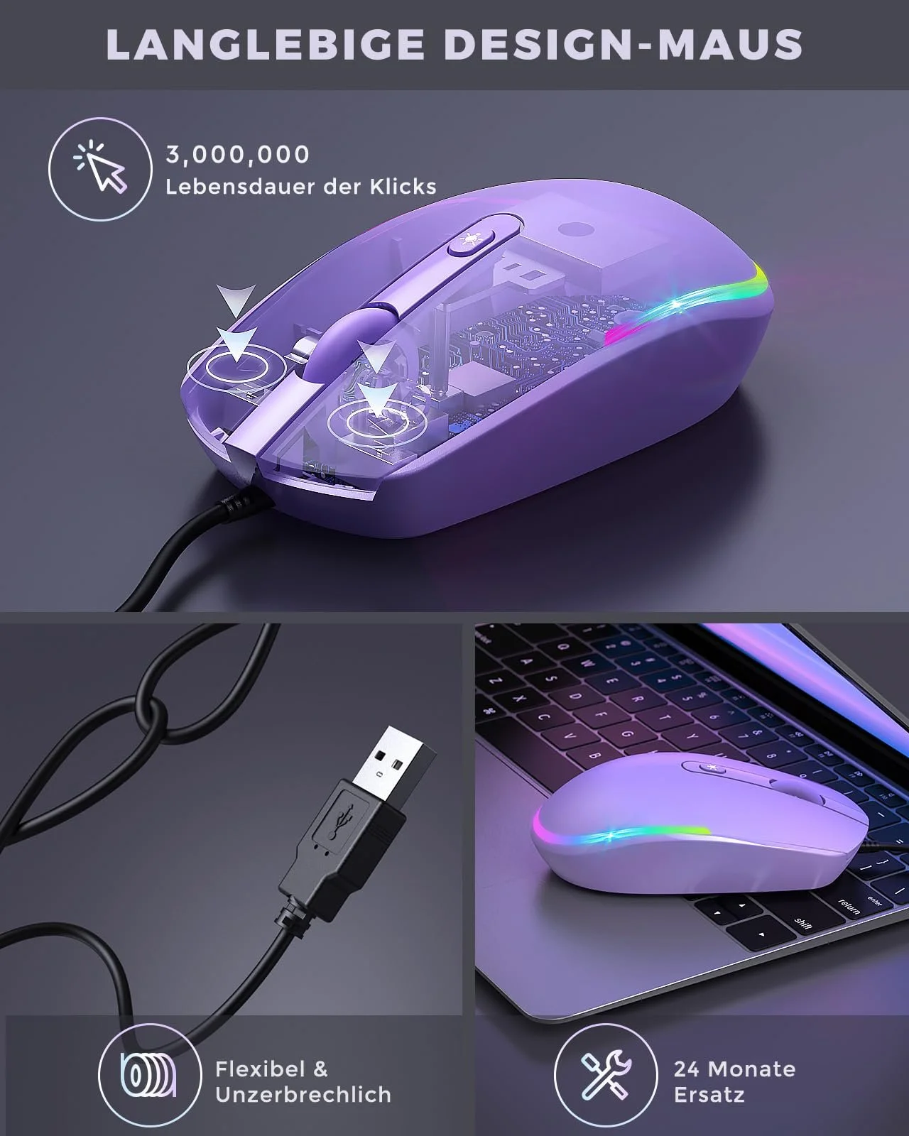 Дротовая мышь Seenda 1600 DPI USB, фиолетовая, фото №4 Дротовая мышь Seenda 1600 DPI USB, фиолетовая, фото №4