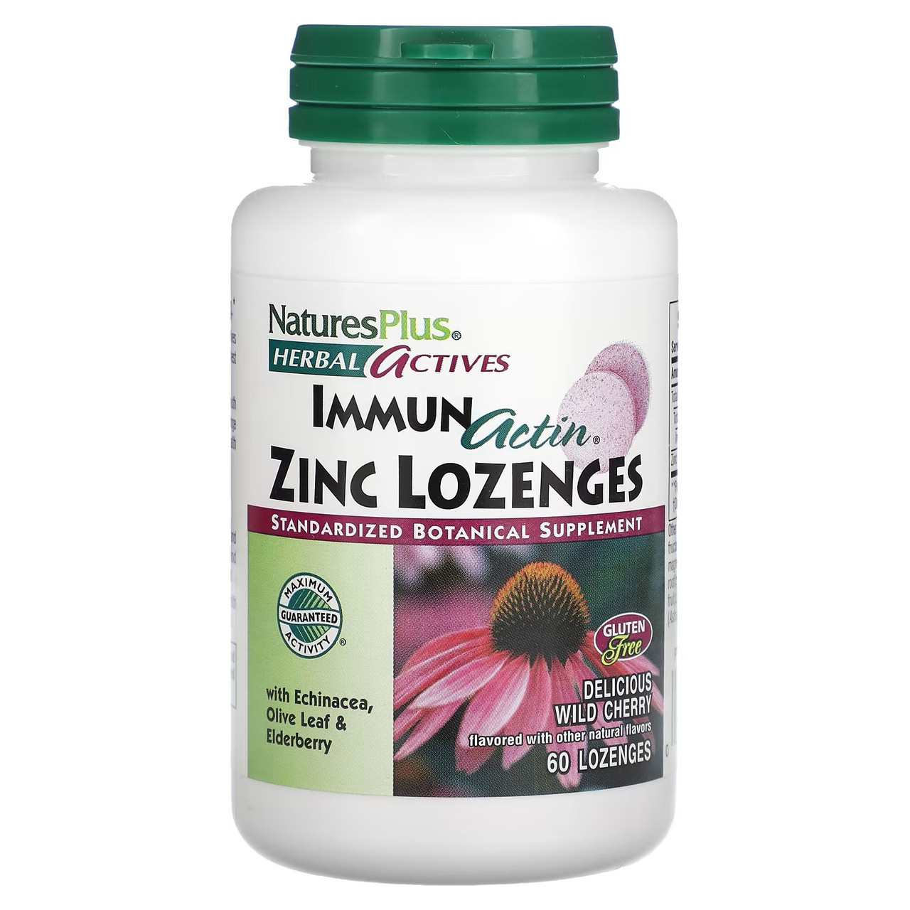 Льодяники з цинком для імунітету Nature's Plus Herbal Actives Immun Actin Zinc Lozenges Wild Cherry 60, фото №1