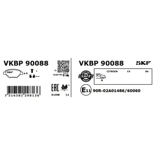 Комплект тормозных колодок SKF VKBP 90088 для CITROËN PEUGEOT, задняя ось, фото №2