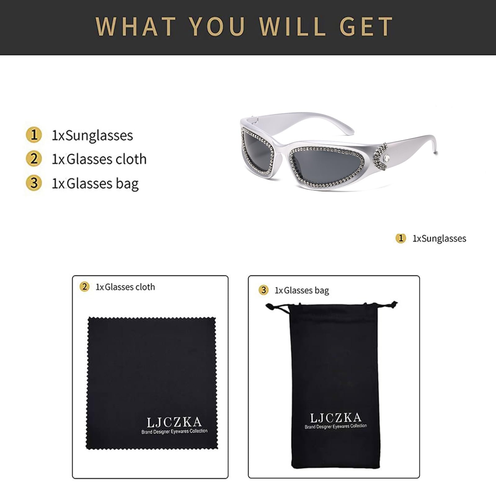 Сонцезахисні окуляри Y2K LJCZKA Wrap Around Rhinestone для жінок та чоловіків, модні овальні, фото №7