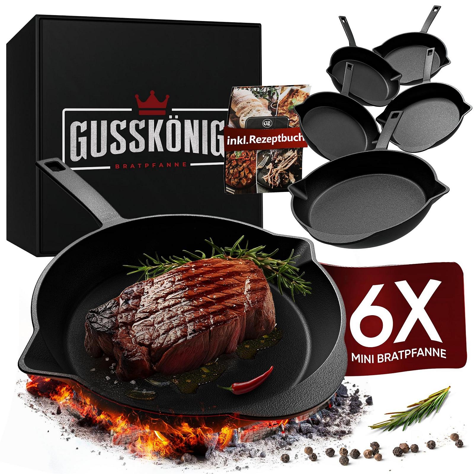 Сковорода-гриль Gusskönig чавунна, набір з 6 штук, діаметр 13.5 см, маленька, обпалена, фото №1