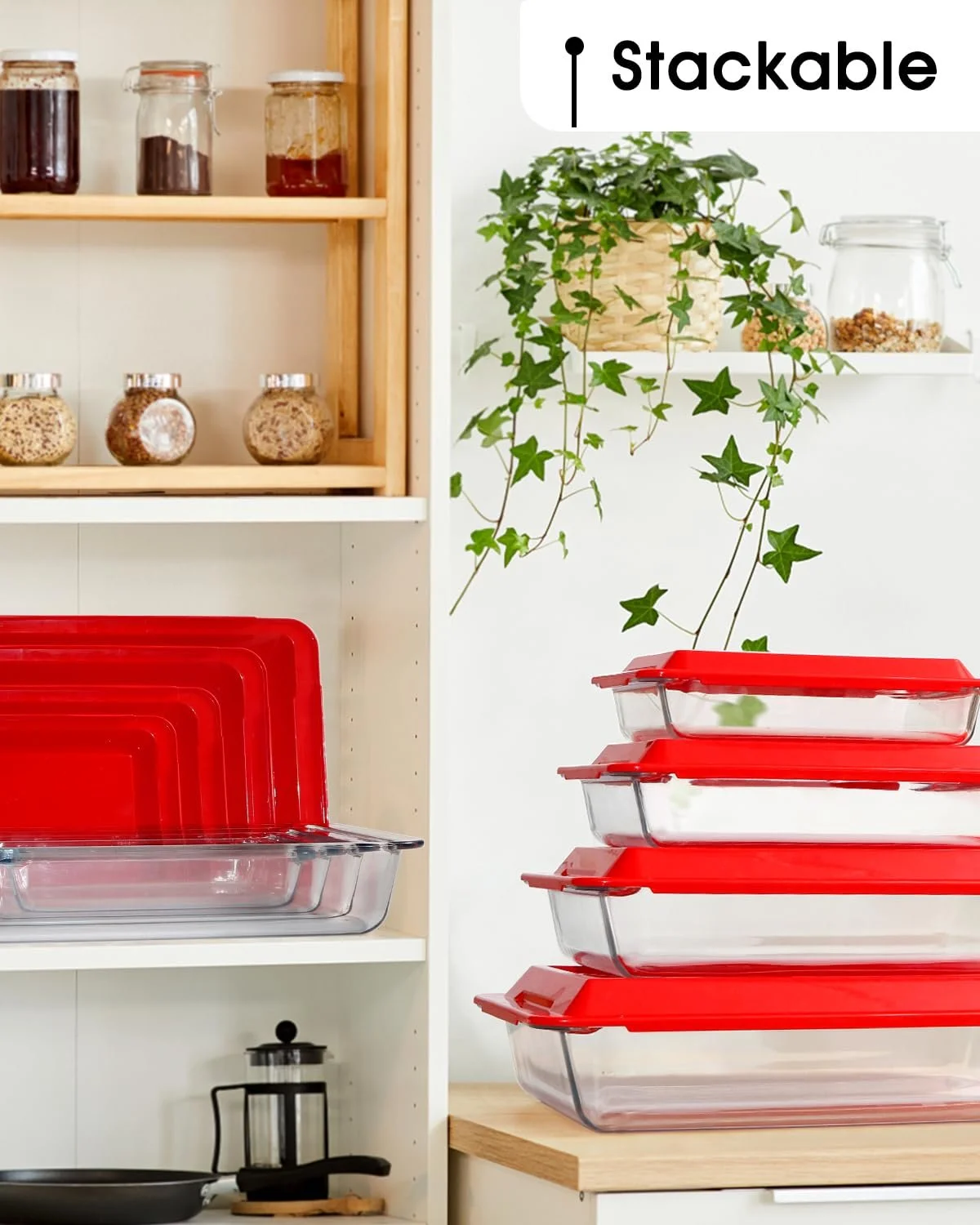 Набор форм для запекания Стеклянные прямоугольные 4 шт. с крышками 1 / 1,7 / 2,8 / 4,2 л, фото №4