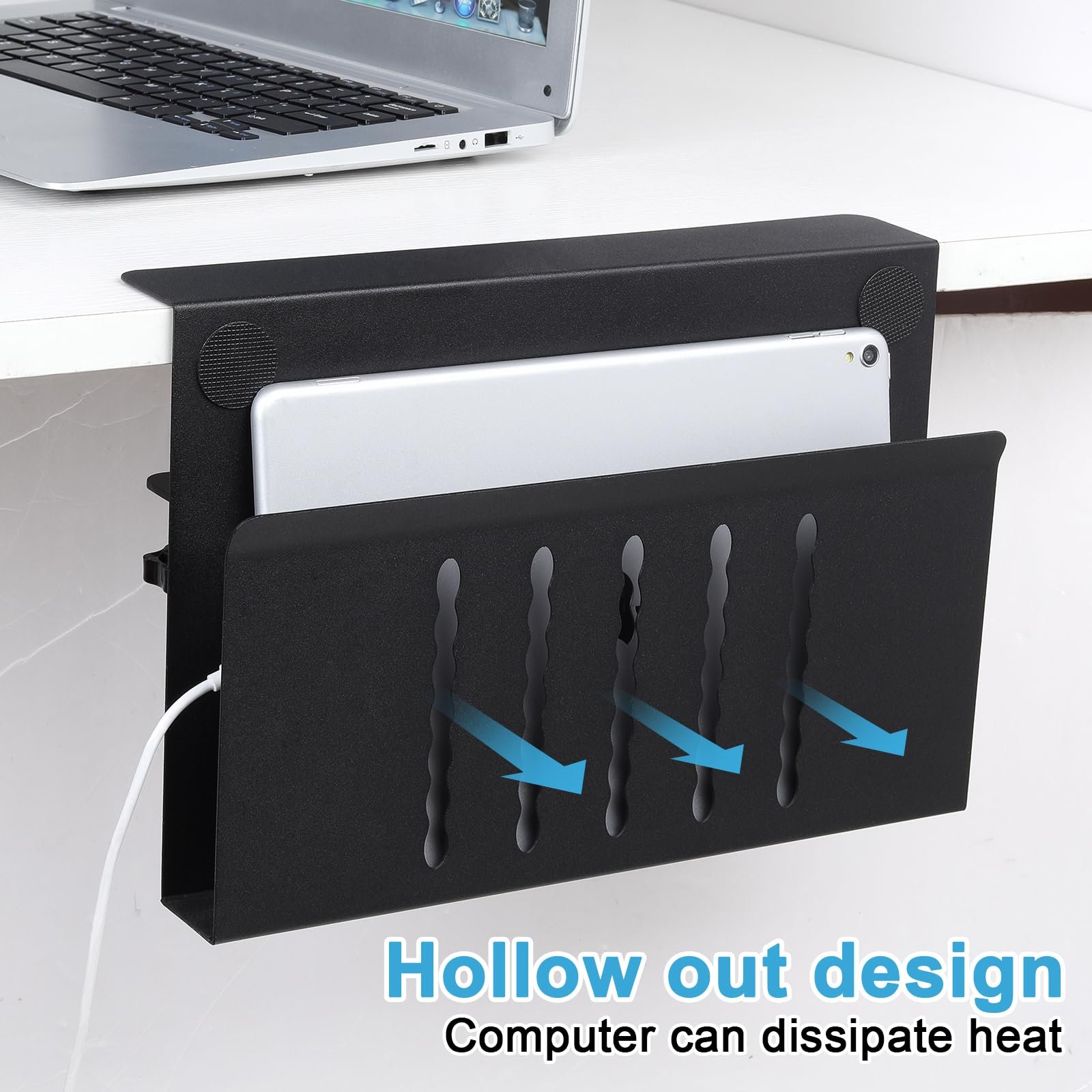 Настольный органайзер Держатель для ноутбука Боковое хранилище Регулируемый по высоте Под стол Боковое хранилище с магнитным держателем для ручек и отверстиями для охлаждения Черный, фото №7