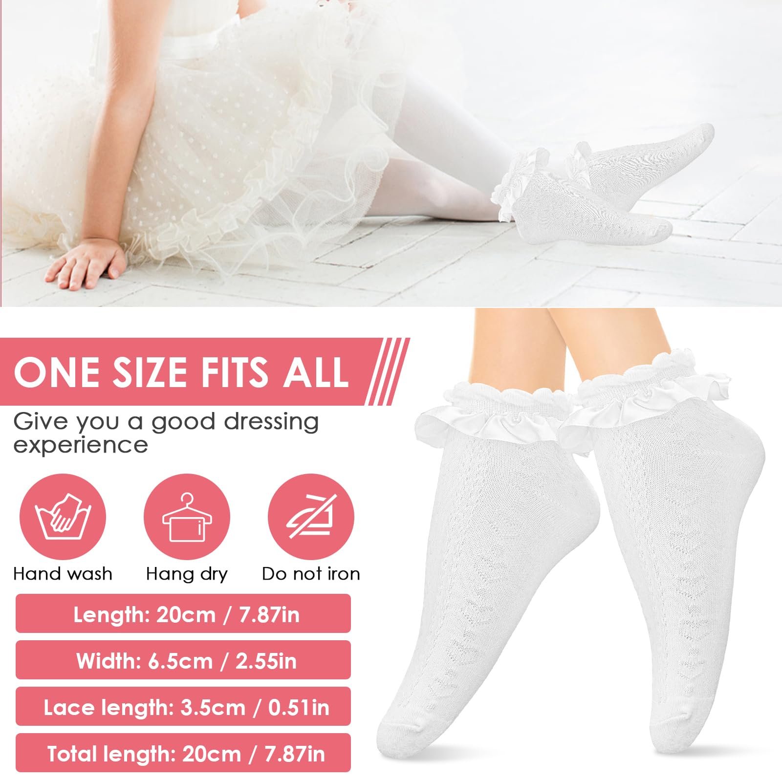 Шкарпетки з мереживними оборками 2 пари Бавовняні шкарпетки з оборками та стрічковою обробкою для жінок, фото №3