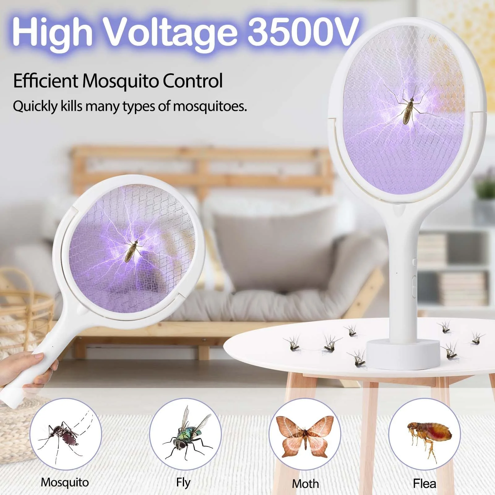Мухобойка электрическая 3500 V поворотная головка телескопическая ручка 1200 mAh, фото №2
