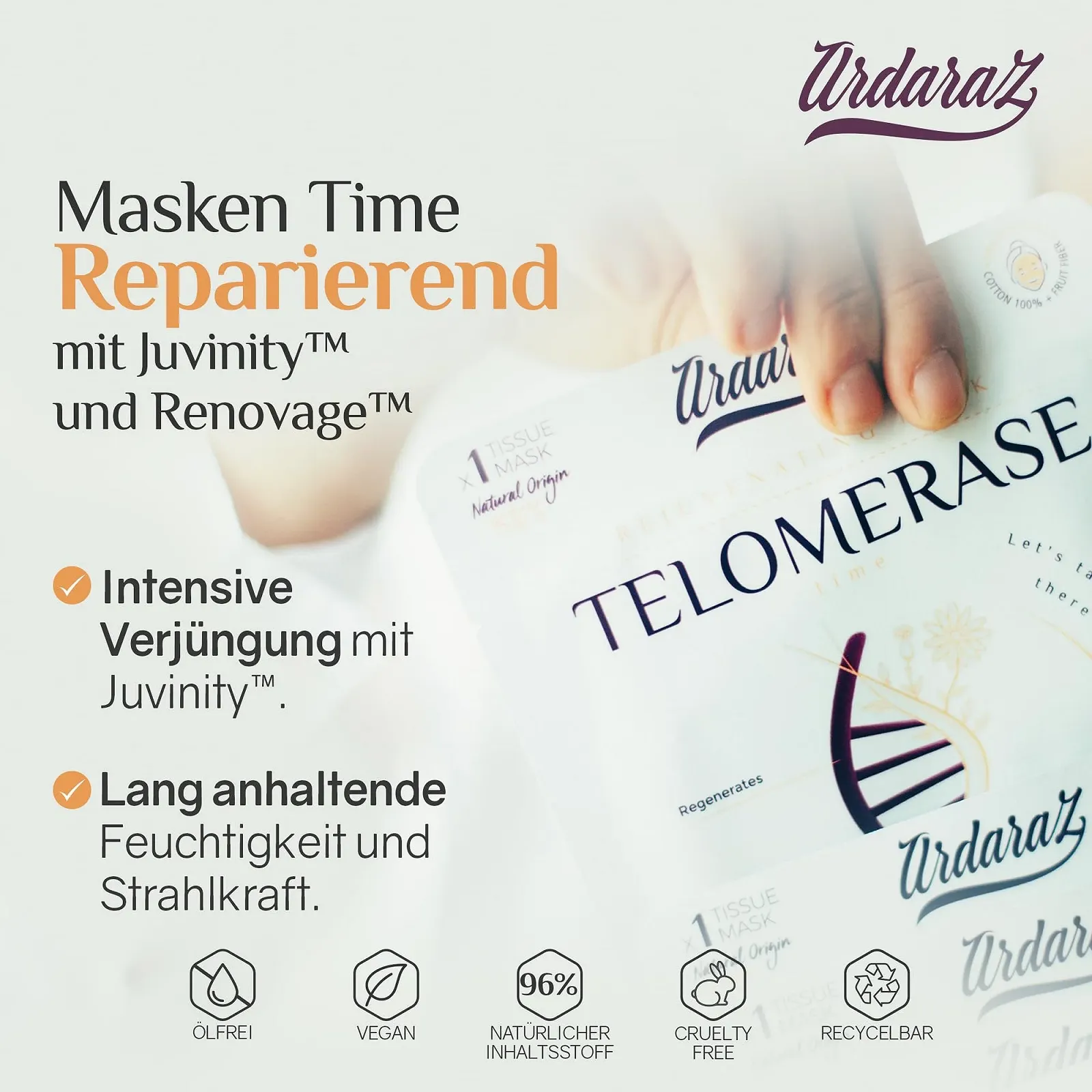 Маска для лица Ardaraz Увлажняющая Антивозрастная с Теломеразой для Упругой Кожи, Тканевая, 5 шт, фото №2