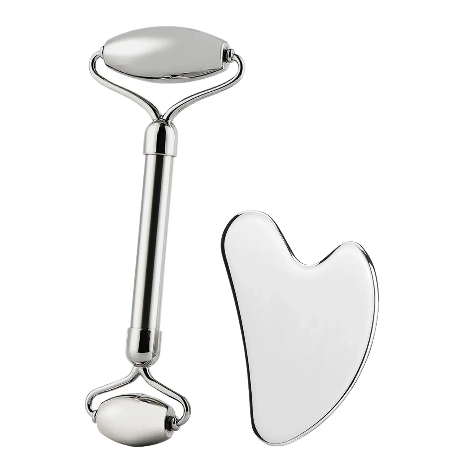 Набір Gua Sha + Масажний ролик для обличчя з нержавіючої сталі 304 і металевий камінь, фото №1