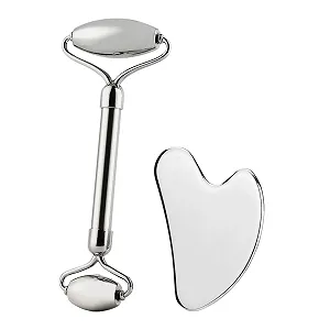 Набір Gua Sha + Масажний ролик для обличчя з нержавіючої сталі 304 і металевий камінь - Фото 1