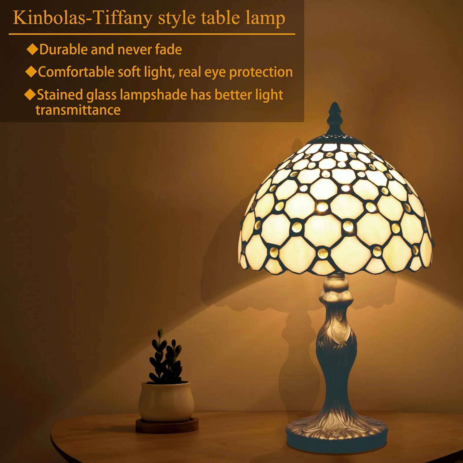 Настільна лампа Kinbolas Tiffany Style Мала Вінтажна Бежеве вітражне скло 20 см / 8 дюймів LED E14, фото №2