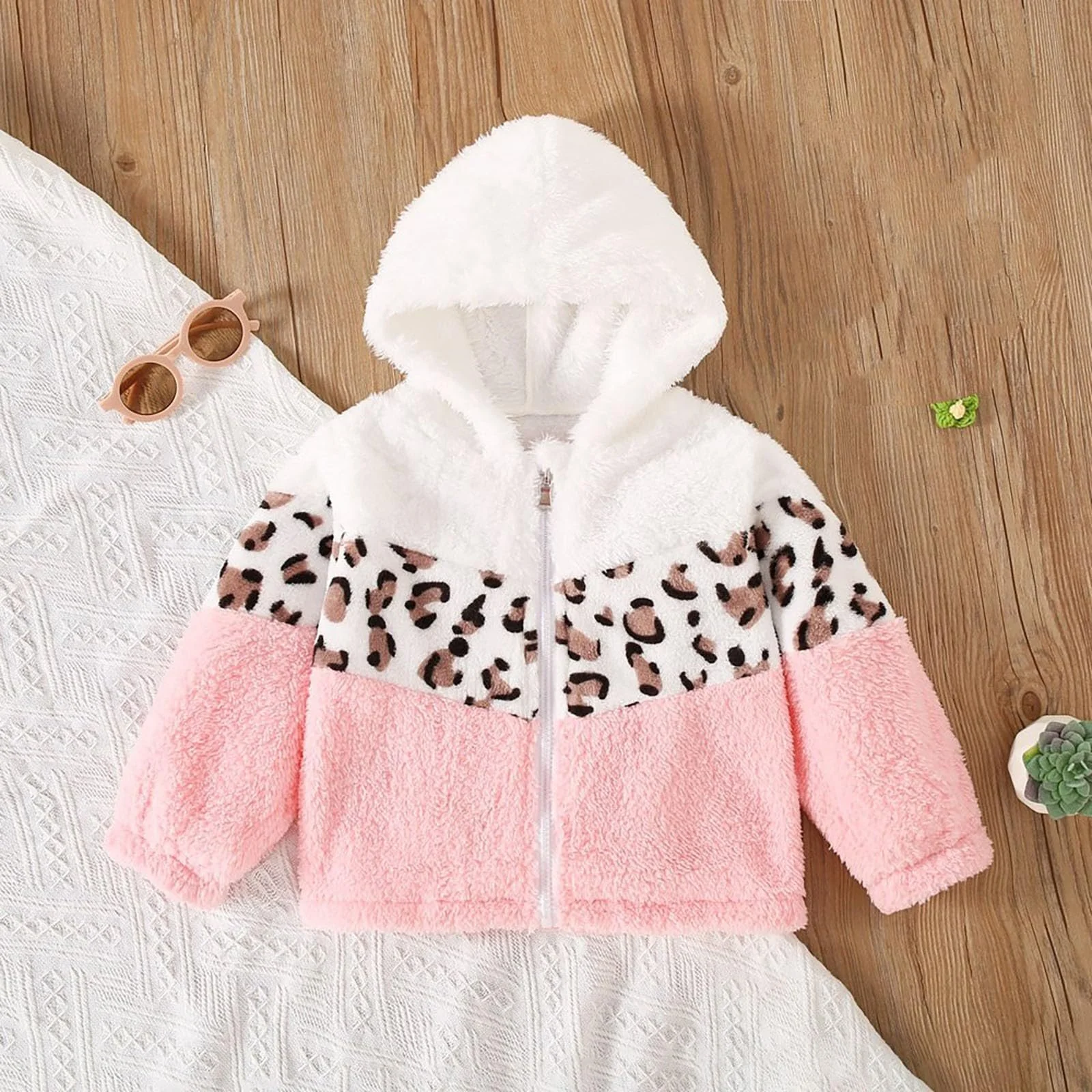 Куртка из искусственного меха для девочек, зимнее пальто, с длинными рукавами, леопардовым принтом, на молнии, теплая верхняя одежда для девочек, малышей, фото №3