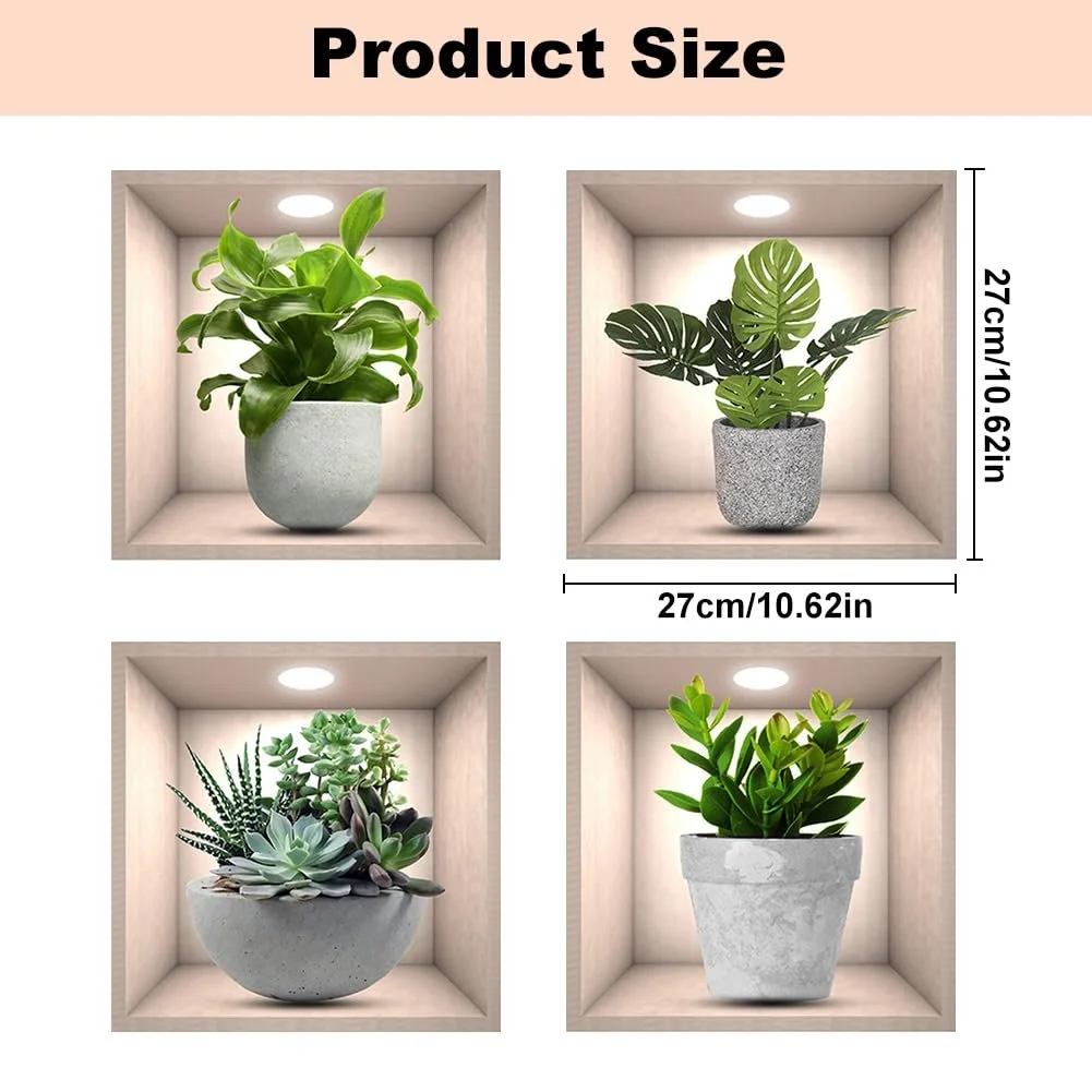 Наклейки на стіну Рослини 4 штуки 3D Реалістичні водонепроникні вінілові знімні Зелені, фото №3