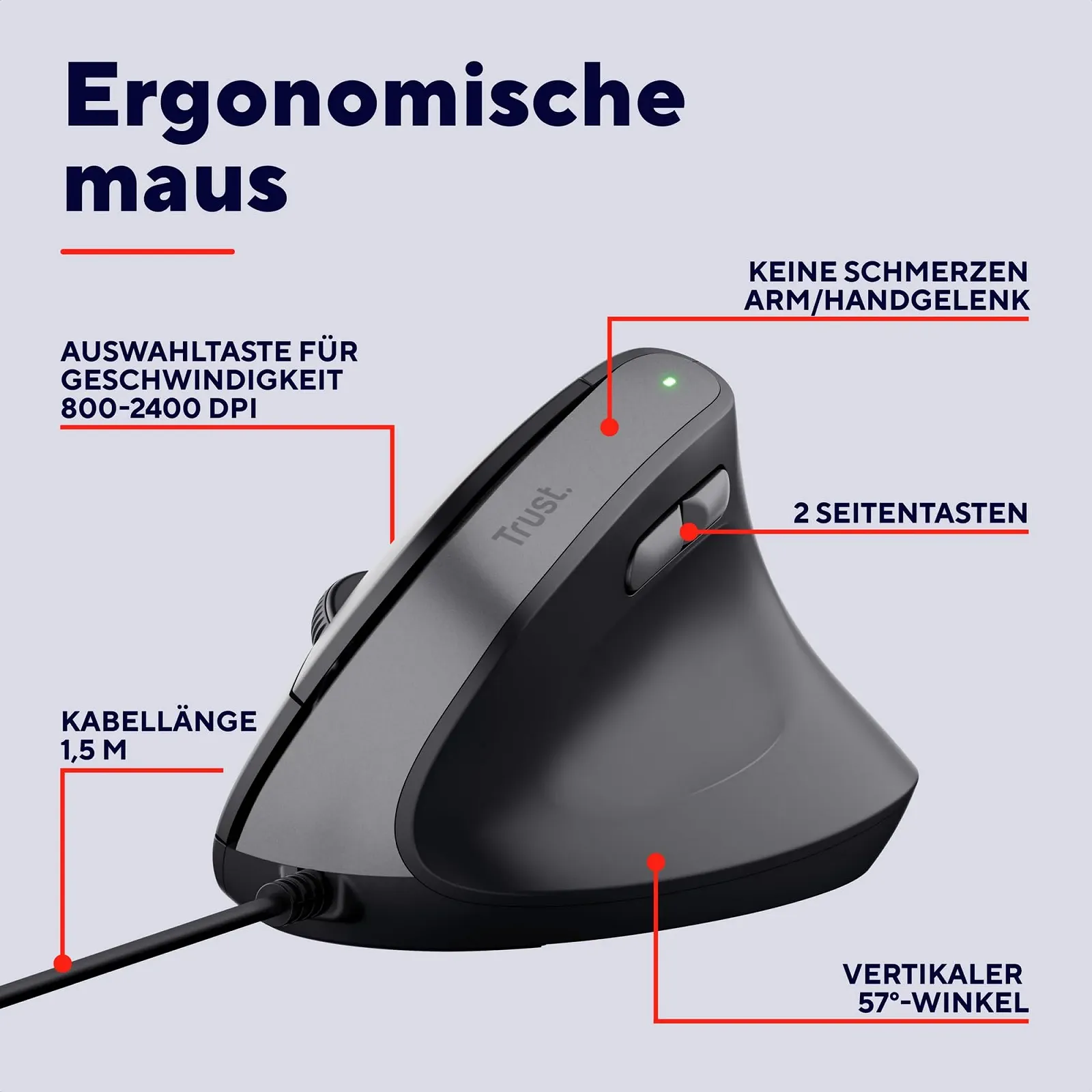 Мышь Trust Yuno Vertikale, эргономичная для правшей, предотвращение "мышиной руки"/теннисного локтя (синдром RSI), PC-мышь с кабелем, компьютер, ноутбук, Mac - Черный, фото №2