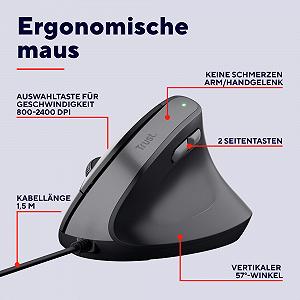 Мышь Trust Yuno Vertikale, эргономичная для правшей, предотвращение "мышиной руки"/теннисного локтя (синдром RSI), PC-мышь с кабелем, компьютер, ноутбук, Mac - Черный synthetic.ua - Фото 1