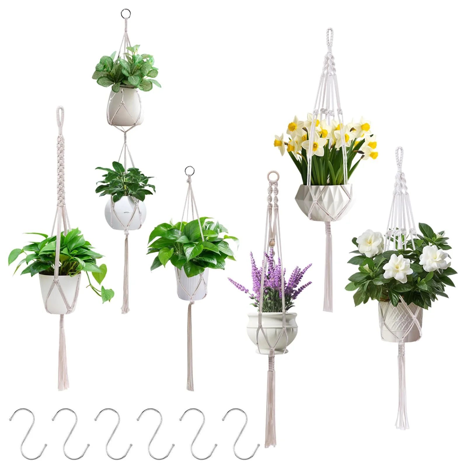 Підвісні кошики макраме Набір 6 шт з 6 гачками Бавовняна мотузка Бохо-стиль, фото №1 Підвісні кошики макраме Набір 6 шт з 6 гачками Бавовняна мотузка Бохо-стиль, фото №1