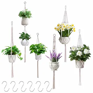 Підвісні кошики макраме Набір 6 шт з 6 гачками Бавовняна мотузка Бохо-стиль - Фото 1