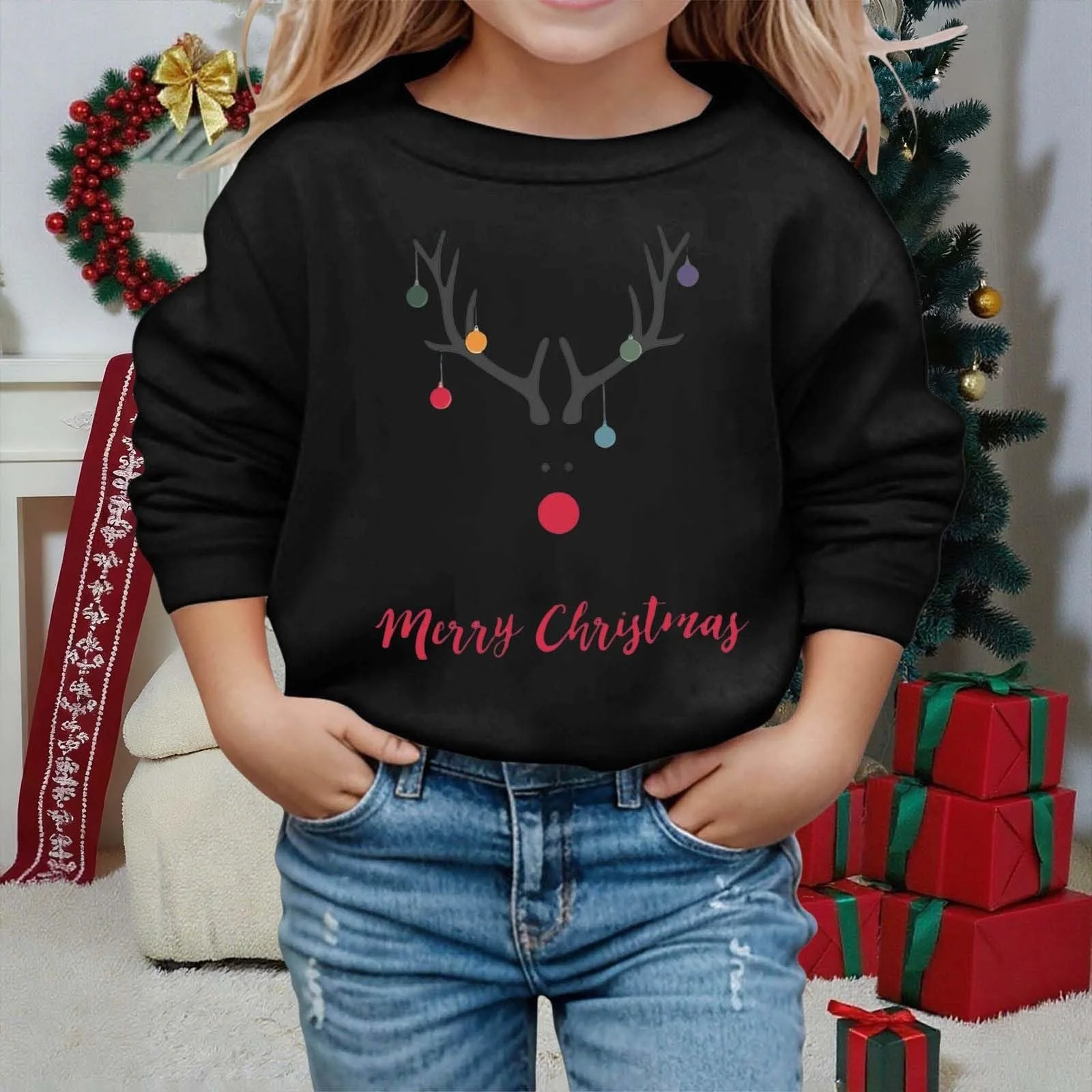 Рождественский свитер Generisch для девочек, круглый вырез, длинный рукав, теплый, рождественский, повседневный, удобный, зимний, мягкий, смешной верх, фото №3