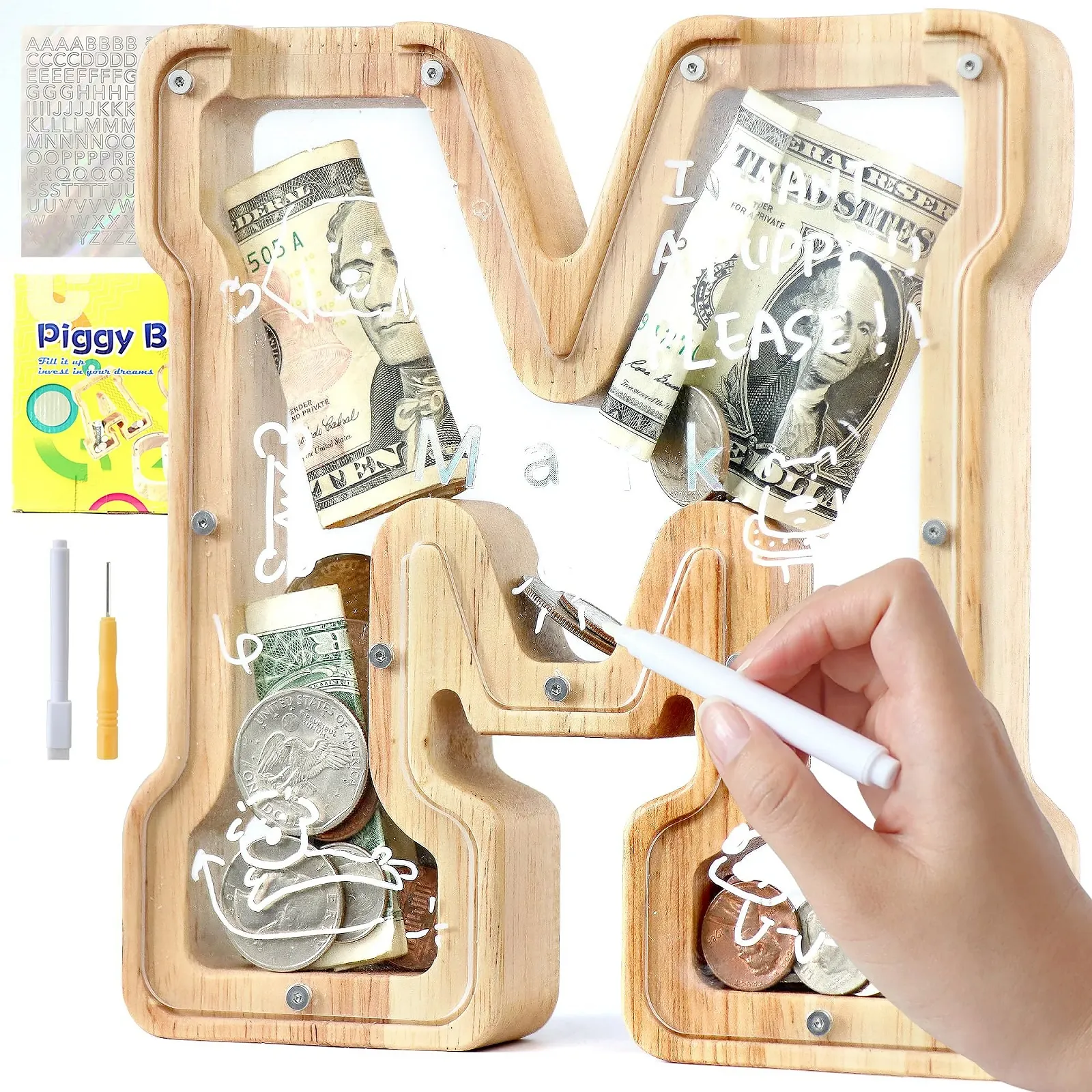 Детская деревянная копилка Lakpopya Персонализированная прозрачная в форме буквы M, фото №1