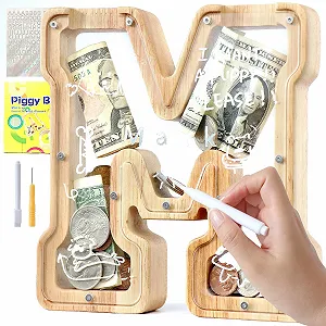 Дитяча дерев'яна скарбничка Lakpopya Персоналізована прозора у формі літери M - Фото 1