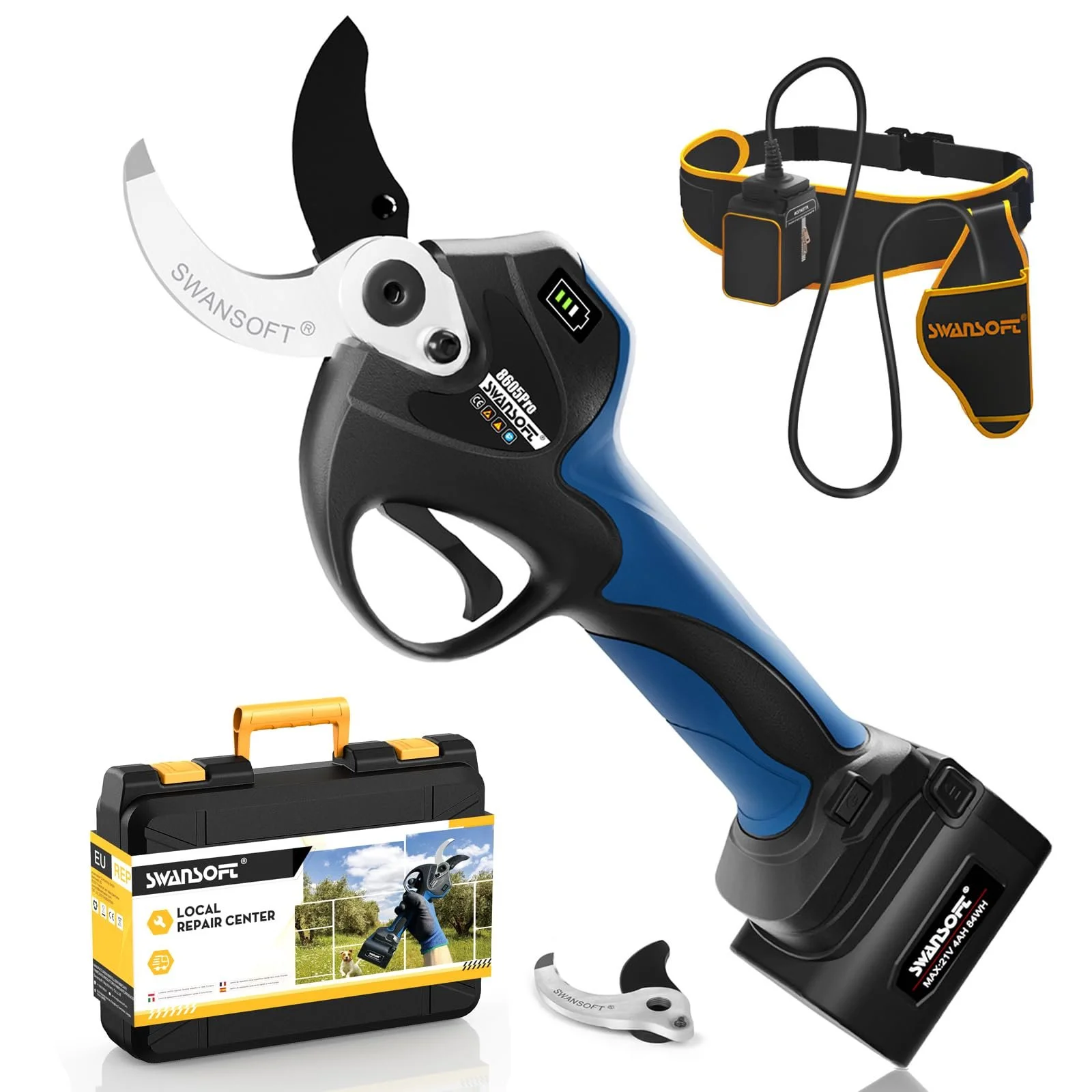 Секатор акумуляторний SWANSOFT 40 мм з подовжувальним кабелем, 2 x 4 Аг батареї, фото №1