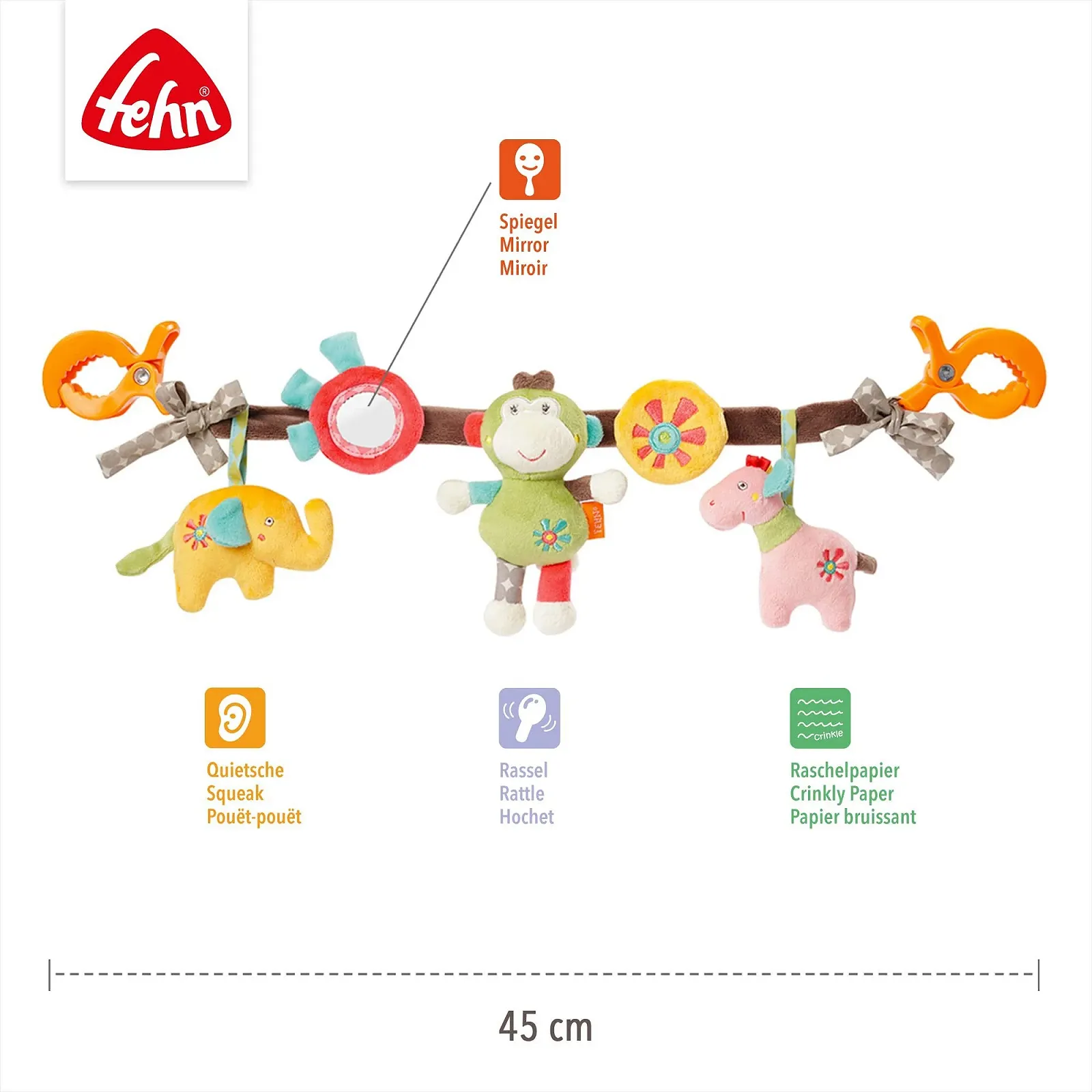 Підвіска на візок Fehn Safari Слоненя, Мавпочка, Жираф, Дзеркало, фото №5