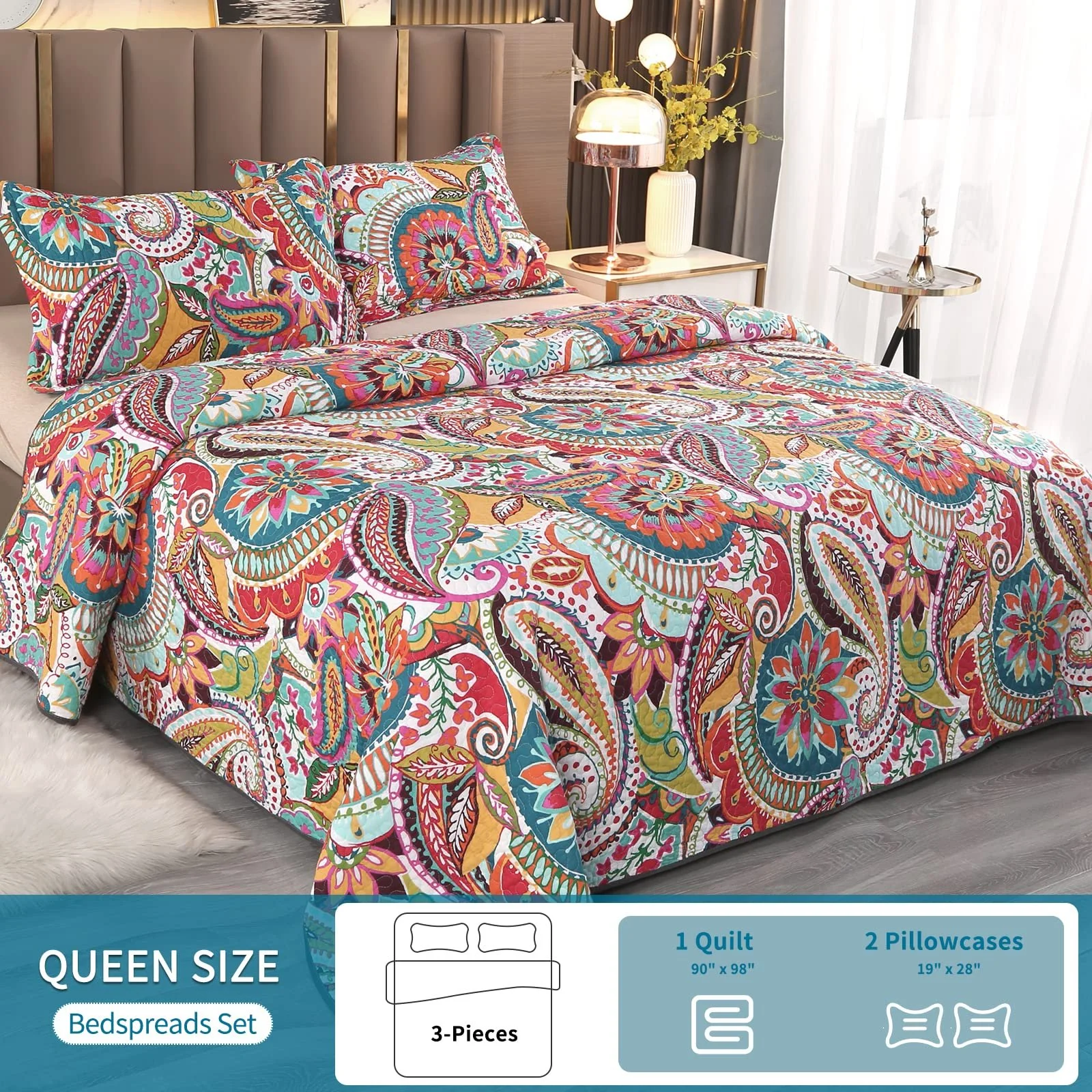 Покрывало Qucover Хлопок Paisley 230x250 см с 2 наволочками Красочный, фото №2