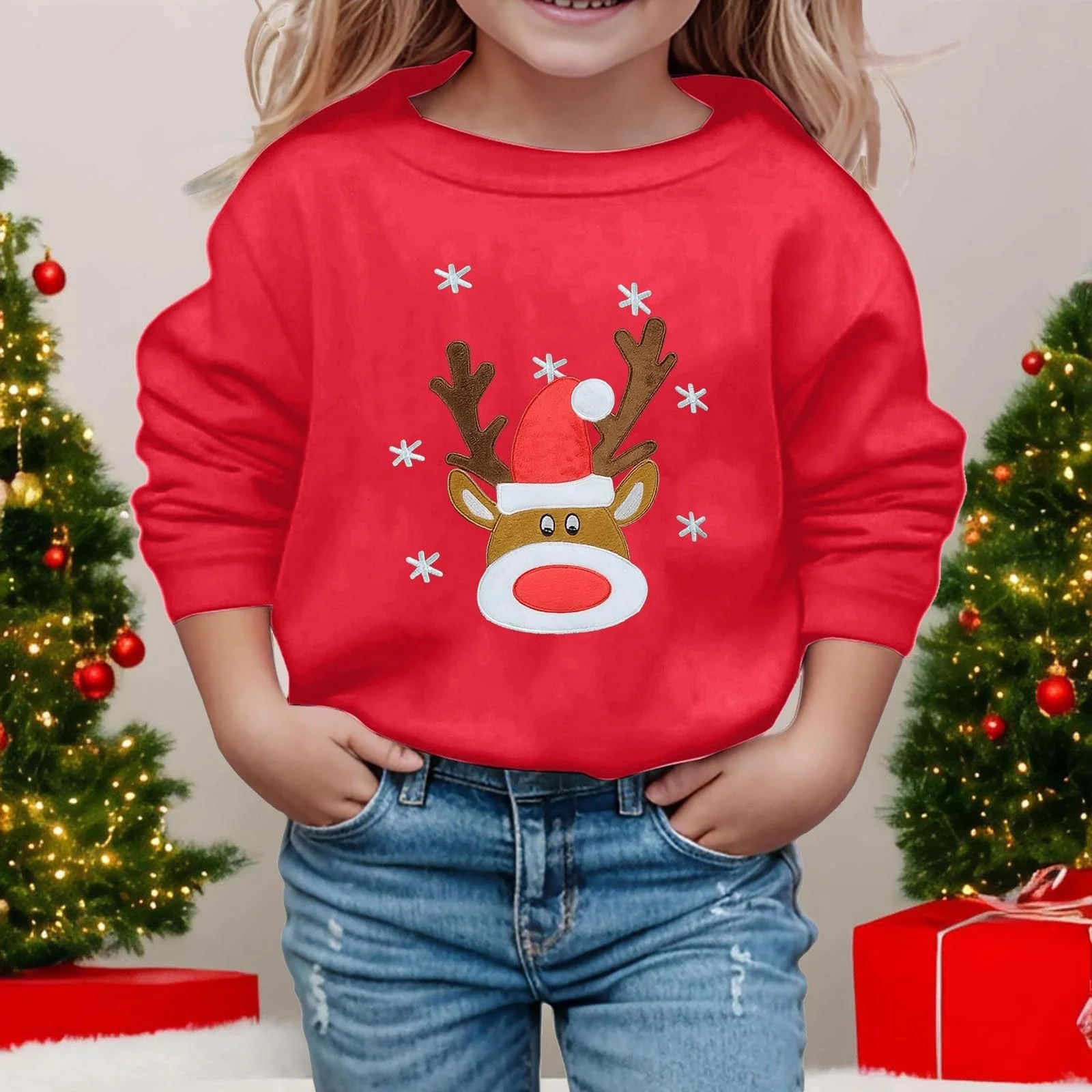 Свитшот для девочки - Девочка Осень и Зима Рождественский принт Круглый вырез Длинный рукав Повседневный свитшот с капюшоном, фото №3