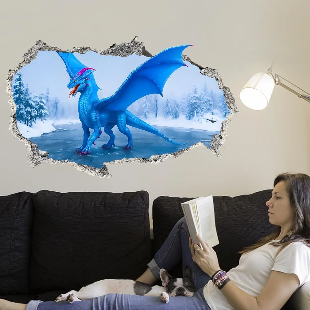 Наклейка на стіну SUPERDANT 3D Крижаний дракон Вінілова Синя, фото №1