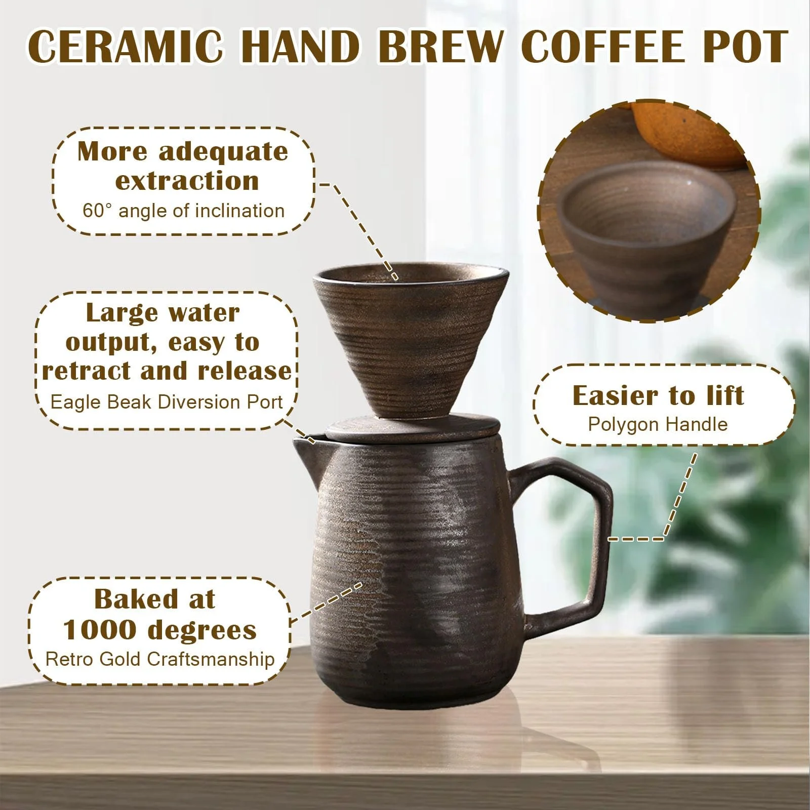 Кофеварка Pour Over Фарфоровый фильтр для кофе с чашкой, 620 мл / 260 мл Ретро кофейник с фильтром, ручная капельная кофеварка, микроволновая печь безопасна (Темный, 620 мл), фото №4